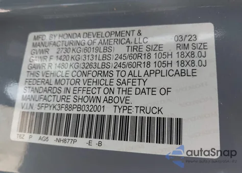 2023 Honda Ridgeline Black Edition z USA, uszkodzony, nr VIN 5FPYK3F88PB032001